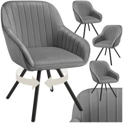 Image of TecTake® Set of 4 Velvet Dining Chairs with Slim Steel Legs, Large Arm &amp; Backrests, Soft Padding, 360 Swivel Armchairs Height Adjustable Feet Ideal Living Room, Kitchen Desk Grey