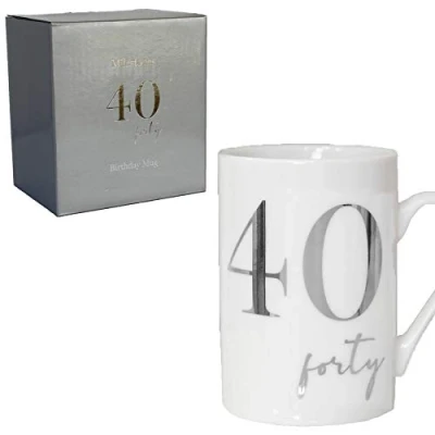 Image of Widdle Gifts Ltd White Bone China Mug with Silver Foil Number 40th Forty 40 Birthday