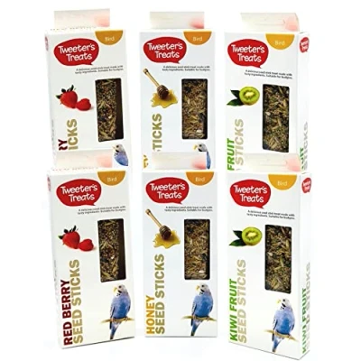 Image of 6 PACK MIXED VARIETY TWEETERS BUDGIE HANGING BIRD SEED TREAT STICKS 2PCS 100G 3 FLAVOURS