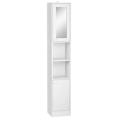 Image of kleankin Tall Bathroom Storage Cabinet with Mirror, Narrow Freestanding Floor Adjustable Shelves