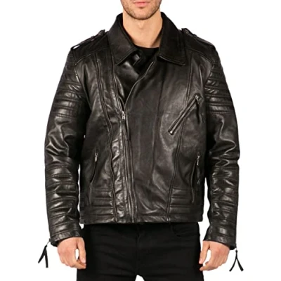 Image of TruClothing Men&#039;s Biker Jacket Outwear Windproof Winter Cross Zip Urban Real Leather Jackets Coat Black 4XL