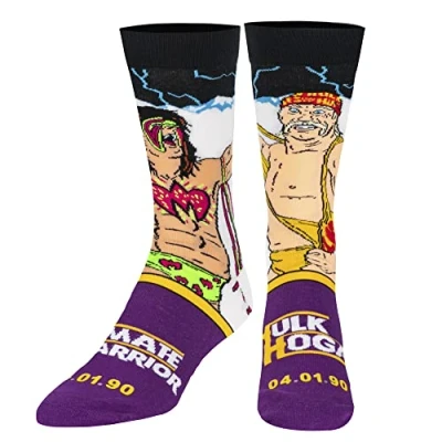 Image of ODD SOX Men&#039;s Crew Socks WWE Legendary Matches Collection (UK Adult 6 12) (Ultimate Warrior Vs Hulk Hogan)