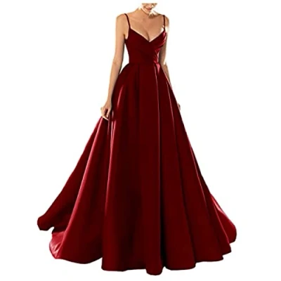 Image of yhfshop Floor Length Bridesmaid Dresses,Sexy V Neck Spaghetti Strap Satin Evening Dress,Red Wine,US6,Bridesmaid Party Long Dress
