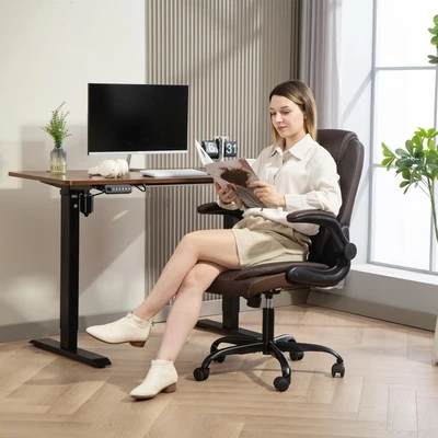 Image of HOMCOM Executive Office Chair with Flip Up Armrests, PU Leather Computer Desk Thick Cushion, Tilt Function, Height Adjustable for Home, Brown