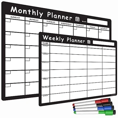 Image of TMS Magnetic Whiteboard Planner Set A4 Weekly &amp; A3 Monthly Calendars with Memo Board, Shopping To Do List Functions Meal Bundle and 4 Dry Erase Pens Built in Erasers