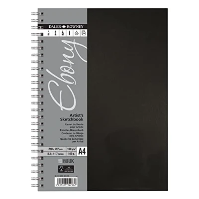 Image of Daler Rowney Ebony 160gsm A4 Lightly Textured Portrait Hardback Sketchbook, Spiral Bound, 50 White Sheets, Ideal for Professional Artists &amp; Students