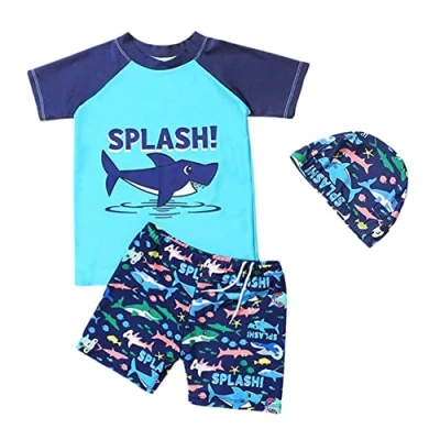 Image of FedMois Boy Swim Set, 3 Pieces Set Shirt + Swimming Shorts Cap, Shark, 4 5 Years