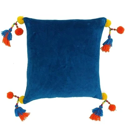 Image of Paoletti Poco Velvet Tasselled Feather Filled Cushion Teal Cotton One Size