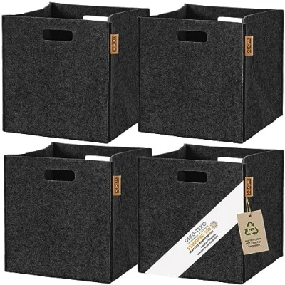 Image of Miqio® Design Storage Box Made of Felt Fabric, Set 4 Baskets, Folding Box, 30 x cm, Organiser Boxes Suitable for Kallax Shelf, Dark Grey Anthracite