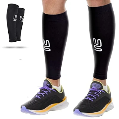 Image of Modetro Sports Calf Compression Sleeve for Men Women, 2 Pack Support Running, Fitness, and Shin Splints, Footless Leg Socks Torn Muscle Pain Relief (Black, L)