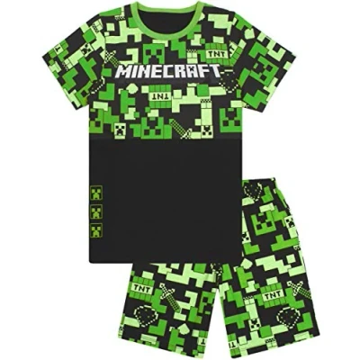 Image of Minecraft Pyjamas for Boys Kids Long Or Short Bottoms Options &amp; Gamer T Shirt Childrens Creeper PJ Set Merchandise Gifts 7 8 Years