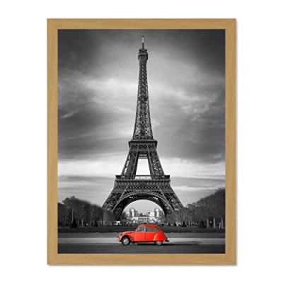 Image of Eiffel Tower In Paris Red Car Large Framed Art Print Wall Poster 18x24 inch