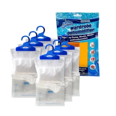 Image of ANSIO Wardrobe Dehumidifier Hanging Bags Pack of 6, Trap, Condensation, Dehumidifiers for Damp, Mould, Bedroom, Caravan, Bathroom, Basement, Office 210g Each