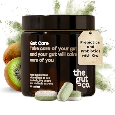 Image of The Gut Co Care Kiwi Prebiotics &amp; Probiotics Health Supplements, 30 Multi Layered Prebiotic Probiotic Tablets with Actazin for Digestive Bloating Relief