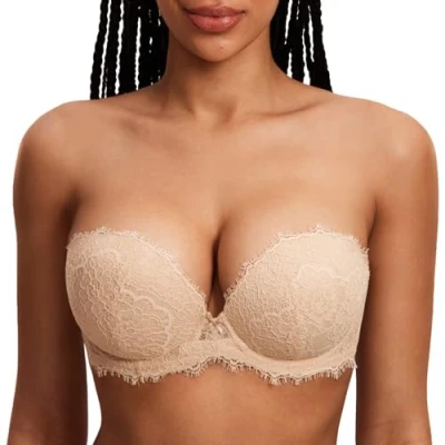 Image of DOBREVA Women&#039;s Strapless Bra Push Up Lace Plunge Padded Underwire Bras Add 1 Cup Beige 36C