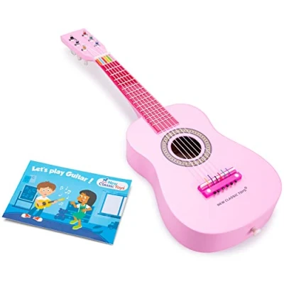 Image of New Classic Toys 10345 Wooden Guitar Toy for Toddlers 3 Boys and Girls Baby Gifts, Kids Musical Instruments Childrens Three Year Old Inclusive Musicbook, Red, 10349, Pink