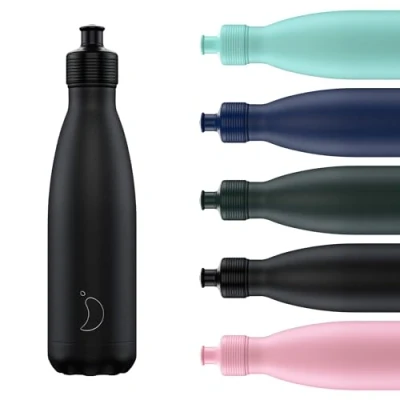 Image of Chilly&#039;s Original Sports Bottles BPA Free Stainless Steel Reusable Water Bottle Keeps Cold, Double Walled, Vacuum Insulated Dishwasher Safe Lid 500ml Monochrome Black