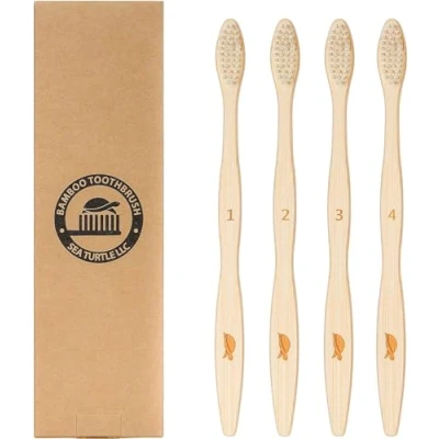Image of Sea Turtle Bamboo Toothbrushes, Soft Natural Plant Based Bristles for Adults, 4 Pack