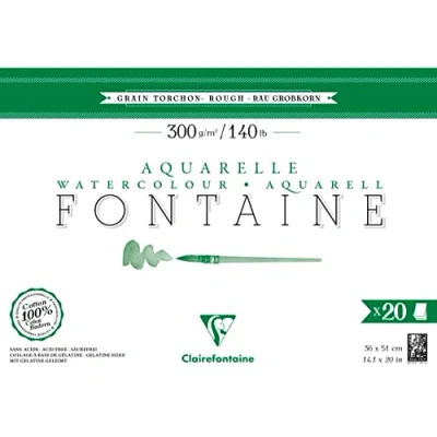 Image of Clairefontaine 975509C Glued Pad 4 Sides Fontaine 20 Sheets White Watercolor Paper 100% Cotton Grain Tea Towel Professional Quality 36x51 cm 300g