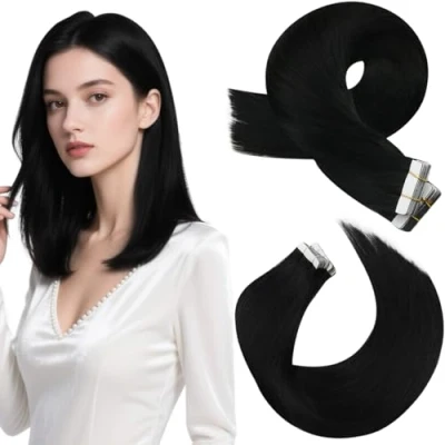 Image of Moresoo Tape Hair Extensions Real Human Jet Black in Remy 14 Inch 20 Pieces/40g #1