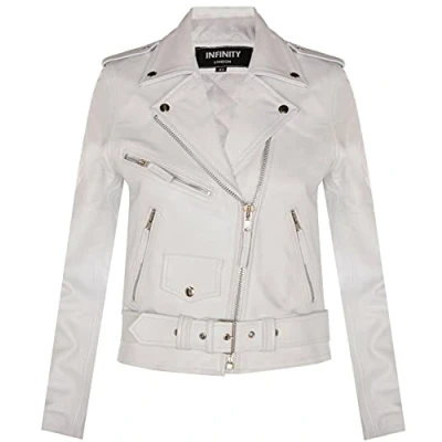 Image of Infinity Leather Womenss Cowhide Brando Biker Jacket Murcia White Size 24 UK