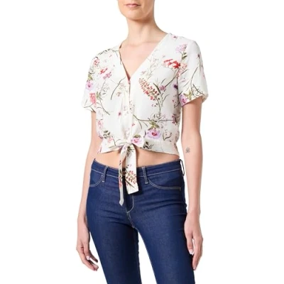 Image of VERO MODA Women&#039;s Vmeasy Joy S/S Tie Shirt WVN Ga Top, Birch/AOP: vicka, S