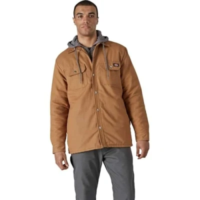 Image of Dickies Men&#039;s Fleece Hooded Shirt Jacket with Hydroshield Work Utility Outerwear, Brown Duck, XS
