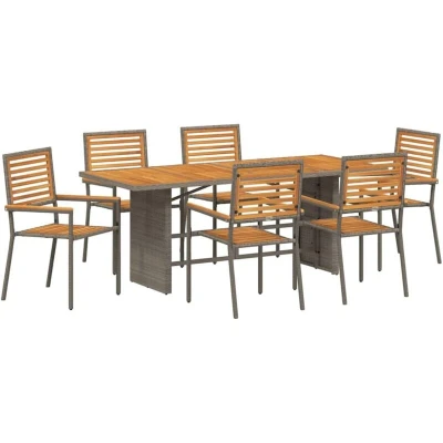 Image of vidaXL 7 Piece Garden Dining Set Grey Poly Rattan Acacia