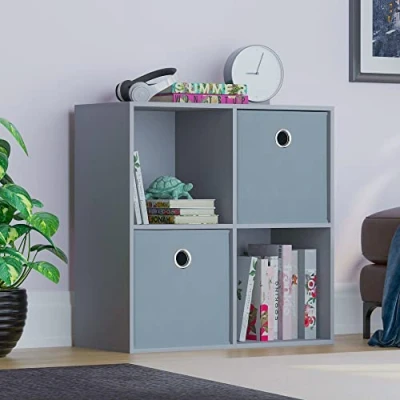 Image of Vida Designs Durham Cube Bookcase Storage Organiser Living Room Bookshelf Home Office Furniture (4 &amp; 2 Grey Baskets, Grey)