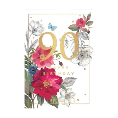 Image of Words and Wishes Female 90th Birthday Card Gorgeous Floral Design Gold Foil Lettering
