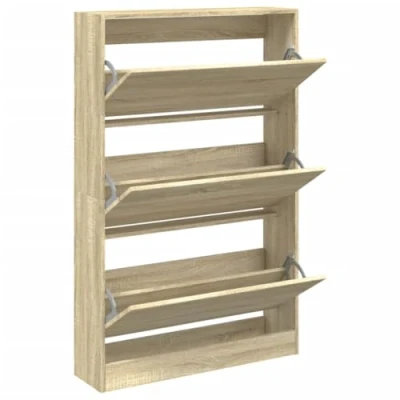 Image of vidaXL Engineered Wood Shoe Cabinet in Sonoma Oak Finish 3 Flip Drawers, Space Saving Slim Design Ideal for Hallways and Entryways, Sturdy Top Decor (80x21x125.5 cm)