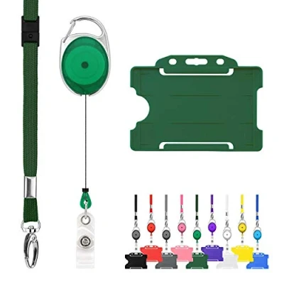 Image of Retractable Lanyard and Badge Holder Trio Triple Pack by LanyardsTomorrow Set Includes A Single Plain Lanyard, Extendable Carabiner Yoyo Reel Clip Rigid ID Card (Green)