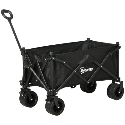 Image of Outsunny Folding Garden Trolley Cart, Outdoor Collapsible Wagon with Telescopic Handle, Carry Bag and All Terrain Big Wheels, for Beach, Camping, Festival, 120KG Capacity, Black