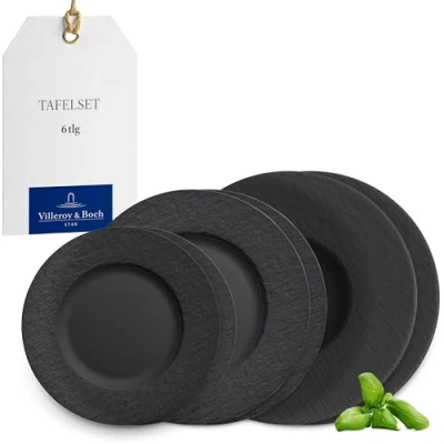 Image of Villeroy &amp; Boch Manufacture Plate Set, 6 pces., Tableware Set for 2 People, Premium Porcelain, Black