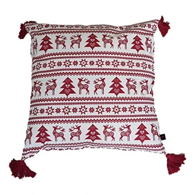 Image of Ragged Rose Nordic Christmas Cushion Cover, Cotton, Red and Ecru, 50 x cms