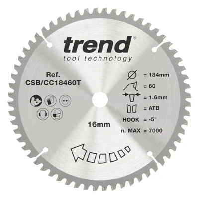 Image of Trend Wood Cordless Mitre Saw Blade, 184mm Diameter, 16mm Bore, 60 Teeth, TCT, 1.6mm Kerf, 5 Hook, CSB/CC18460T