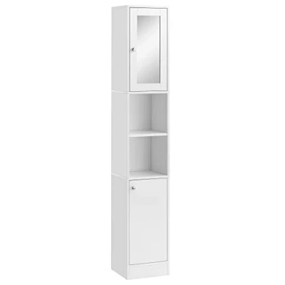 Image of kleankin Tall Bathroom Storage Cabinet with Mirror, Freestanding Floor Tallboy Unit Adjustable Shelves, White