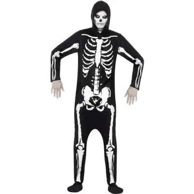 Image of Smiffys Skeleton Costume, Black with Hooded All in One, Halloween Adult Fancy Dress, Dress Up Costumes