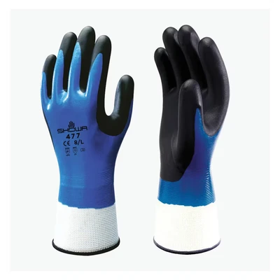 Image of Showa Polyester Nylon Support Mesh Multipurpose Gloves, Interior Acrylic Fully Coated, Additional Nitrile Foam Palm Lined Curtain, blue, XL/ 9, 1