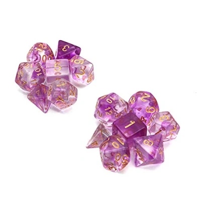 Image of DollaTek Transparent Polyhedral dice Set Table Games 2 Sets x 7 (14 Pieces) Die Series D20 D12 D10 D8 D6 D4 DND RPG MTG Double Colors One Piece (Purple)