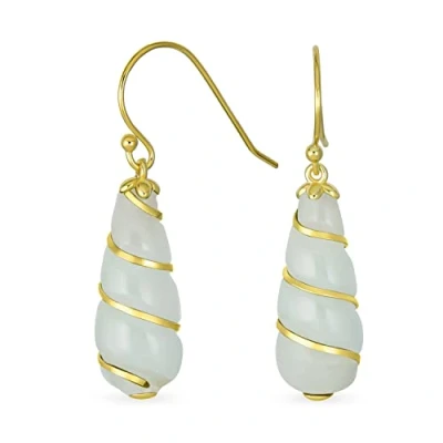 Image of Classic Elegant Genuine Gemstone Long Chandelier Light Green Jade Teardrop Dangle Earrings For Women Yellow Gold Overlay Twisting Swirl Accent .925 Sterling Silver Wire Hook