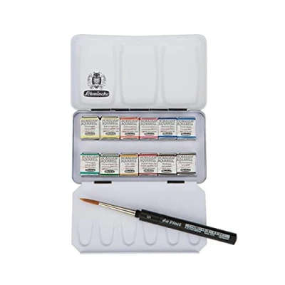 Image of Schmincke HORADAM AQUARELL compact paint box with 12 finest watercolours, 1 daVinci brush, 74 012 097, metal box, painting set, x 1/2 cells