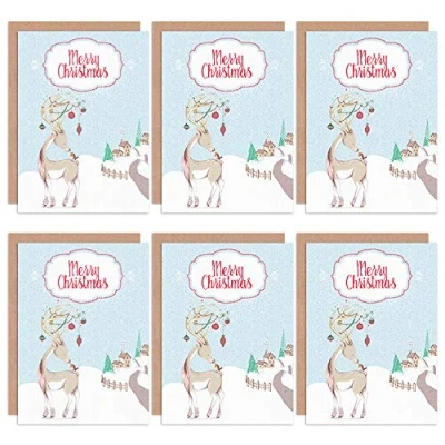 Image of Wee Blue Coo Christmas Cards x6 Cute Reindeer Robin Winter Scene Set Xmas