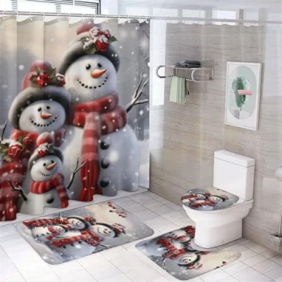Image of Cute Snowman Family Shower Curtain Sets with Rugs Toilet Lid Cover And Bath Mat Rustic Winter Snow Christmas Curtains 12 Hooks Waterproof 4 Piece Bathroom Decor Set