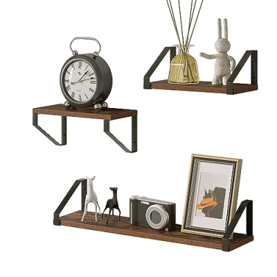 Image of EUGAD Set of 3 Wall Shelves, Floating Shelf, Kitchen Decoration for Kitchen, Living Room, Bedroom, Vintage Wood Look and Black, 60 x 11 15 cm 30