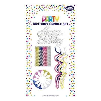 Image of Clairefontaine 12642 GC a set of 16 straight candles 6 cm (+ 12 candle holders) + 8 twisted 13 assorted colors white &#039;&#039;Happy Birthday&#039;&#039; holder