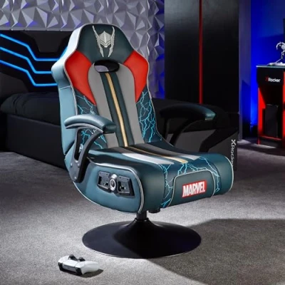 Image of X Rocker Official Marvel THOR Gaming Chair, Folding Audio Pedestal with Wireless Bluetooth 2.1 Speakers, Sound Reactive Vibrating Chair Seat for Kids &amp; Juniors Elite Edition
