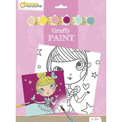 Image of Avenue Mandarine Ref PP019O Graffy Paint Activity Set Princess Pre Drawn Painting Cardboard Canvas, 20cm x 20cm, 6 Paints to Use, Suitable for Ages 5 8+