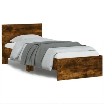 Image of vidaXL Smoked Oak Single Bed Frame 90x190 cm with Headboard Engineered Wood Bedroom Modern Furniture Plywood Slats Easy Assembly