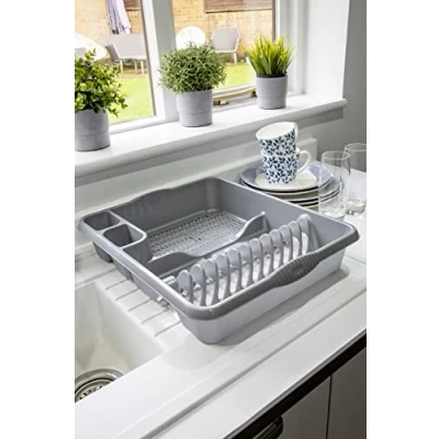 Image of M1SS Plastic Large Dish Drainer Dishes, Plates, Cups, Cutlery Holder Rack Draining Board Drying Tray Racks Kitchen Sink FOR Daily use Silver (Large)